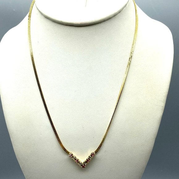 Flat Chain V Necklace with Pink and Clear Round Crystals, Vintage Chevron Choker - Picture 1 of 4